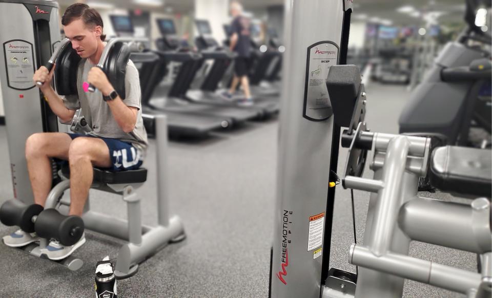 Hunter completes leg exercises during a cardiac rehabilitation course at Texas Health Harris Methodist Hospital in Fort Worth.